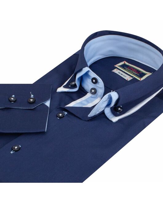 Мужская рубашка синяя с двойным воротником приталенная под пуговицы -7514 от Tonelli 