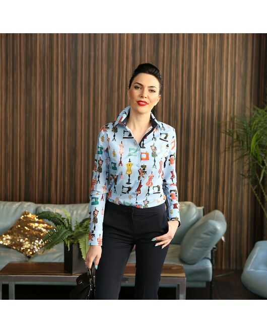 Женская рубашка под пуговицы принт манекены и швейные машинки - 7554 от DoubleCuff 