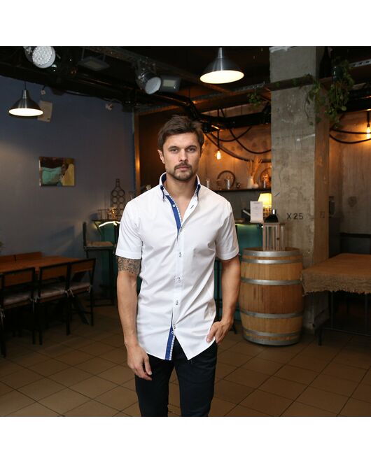 Приталенная мужская рубашка белая короткий рукав двойной воротник - 7561 от DoubleCuff 