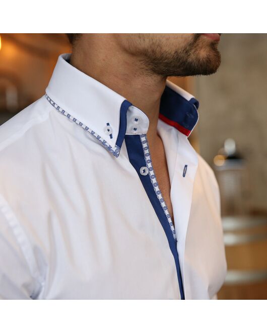 Приталенная мужская рубашка белая короткий рукав двойной воротник - 7561 от DoubleCuff 