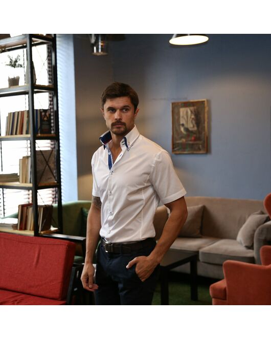 Приталенная мужская рубашка белая короткий рукав двойной воротник - 7561 от DoubleCuff 