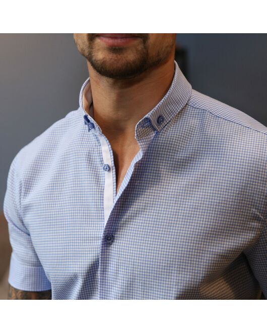 Приталенная мужская рубашка короткий рукав голубая в мелкую клетку Gingham- 7569 от  