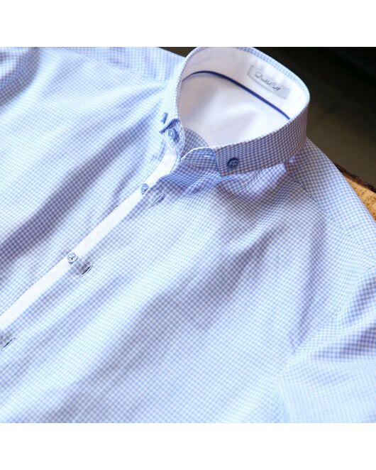 Приталенная мужская рубашка короткий рукав голубая в мелкую клетку Gingham- 7569 от  