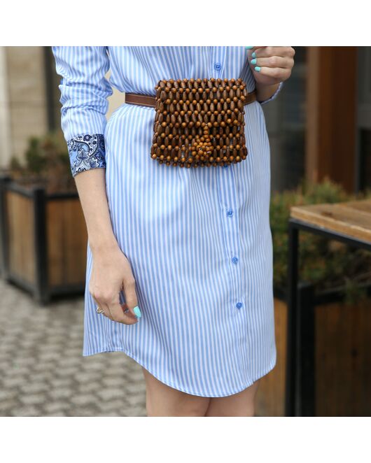 Платье-рубашка в синюю полоску с поясом прямой силуэт - 7546 от DoubleCuff  Платье-рубашка в синюю полоску с поясом прямой силуэт - 7546 от DoubleCuff