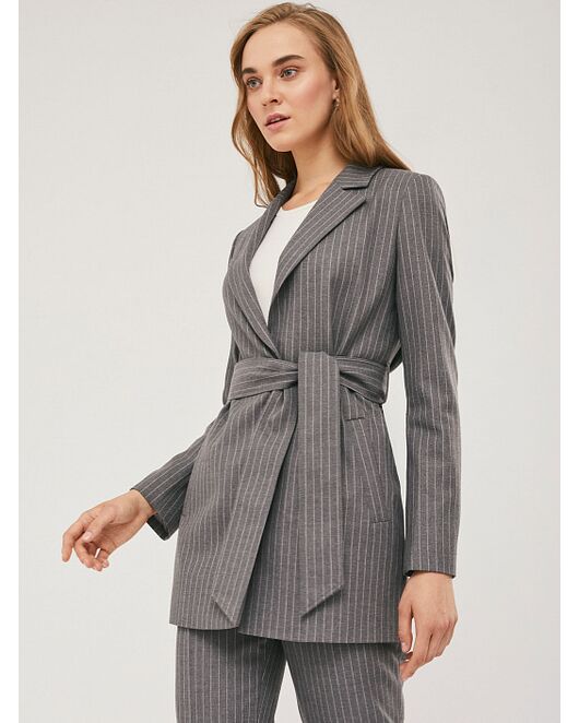 Удлиненный жакет с поясом серый в белую полоску от byME 