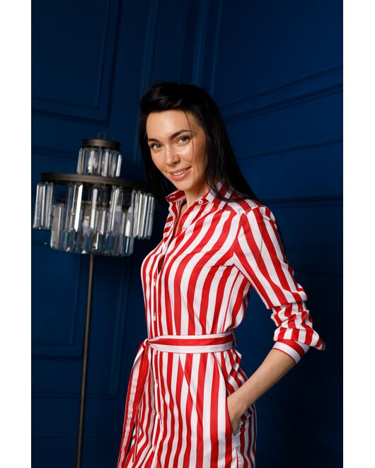 Платье-рубашка в красную полоску с поясом прямой силуэт - 7597 от DoubleCuff 