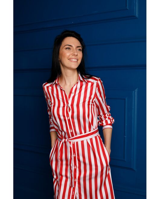 Платье-рубашка в красную полоску с поясом прямой силуэт - 7597 от DoubleCuff 