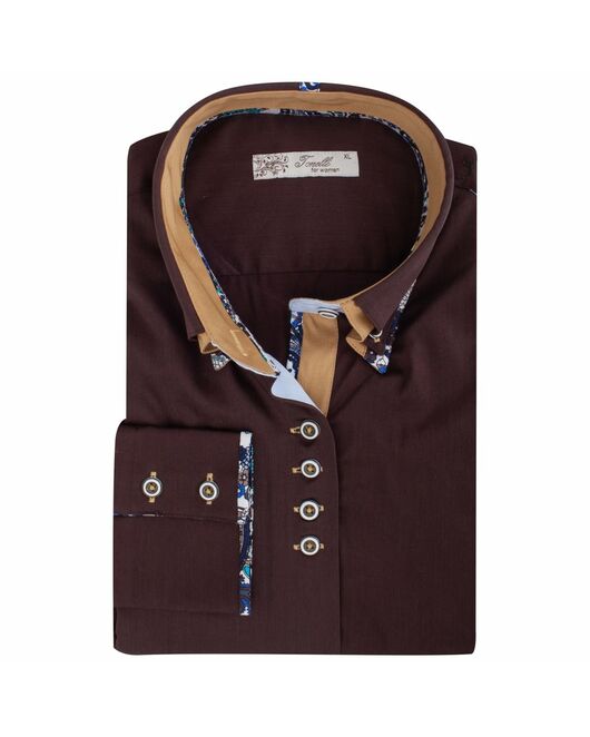 Приталенная женская рубашка на пуговицах коричневая с двойным воротом - 7512 от Tonelli 