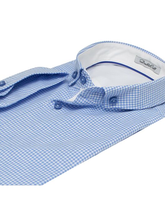 Приталенная мужская рубашка короткий рукав голубая в мелкую клетку Gingham- 7569 от  