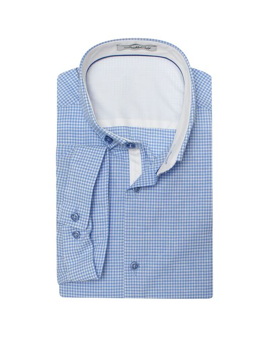 Приталенная мужская рубашка короткий рукав голубая в мелкую клетку Gingham- 7569 от  