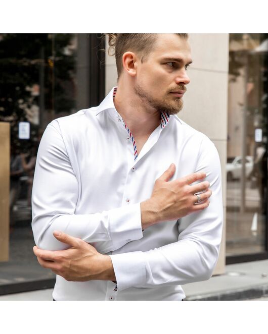 Мужская рубашка под пуговицы белая c контрастными вставками Non-Iron- 7606A от  