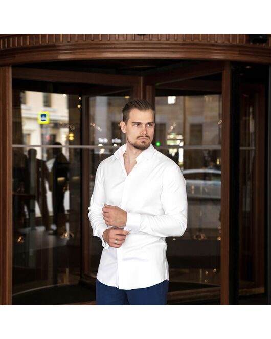 Приталенная мужская рубашка белая под запонки Non-Iron - 7607A от DoubleCuff 