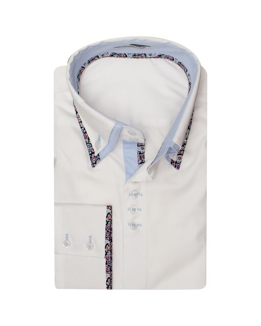 Мужская рубашка под пуговицы белая двойной воротник c контрастными вставками- 7611A от DoubleCuff 