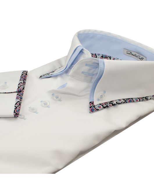 Мужская рубашка под пуговицы белая двойной воротник c контрастными вставками- 7611A от DoubleCuff 