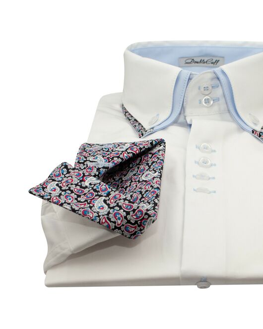 Мужская рубашка под пуговицы белая двойной воротник c контрастными вставками- 7611A от DoubleCuff 