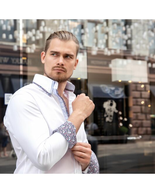 Мужская рубашка под пуговицы белая двойной воротник c контрастными вставками- 7611A от DoubleCuff 