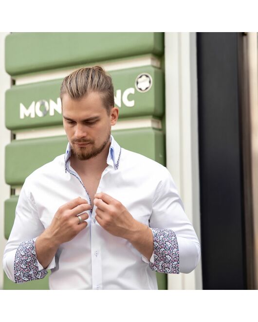 Мужская рубашка под пуговицы белая двойной воротник c контрастными вставками- 7611A от DoubleCuff 