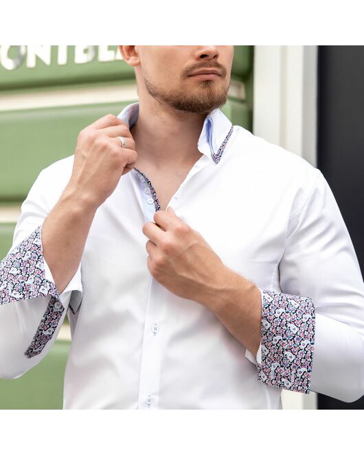 Мужская рубашка под пуговицы белая двойной воротник c контрастными вставками- 7611A от DoubleCuff 