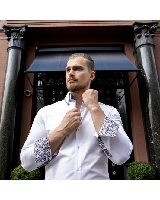 Мужская рубашка под пуговицы белая двойной воротник c контрастными вставками- 7611A от DoubleCuff 