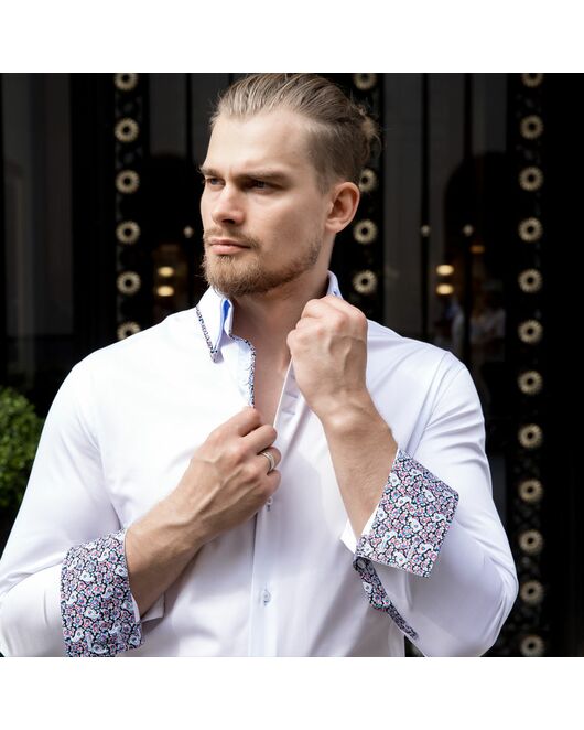 Мужская рубашка под пуговицы белая двойной воротник c контрастными вставками- 7611A от DoubleCuff 