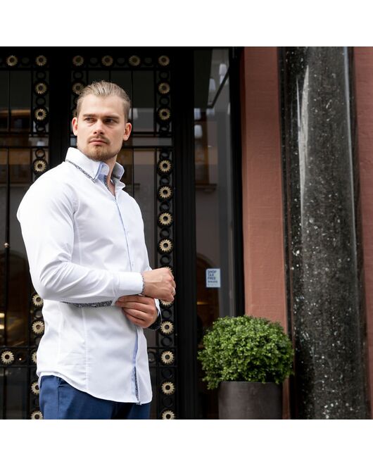 Мужская рубашка под пуговицы белая двойной воротник c контрастными вставками- 7611A от DoubleCuff 