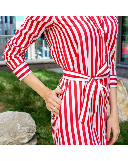 Платье-рубашка в красную полоску с поясом прямой силуэт - 7597 от DoubleCuff 