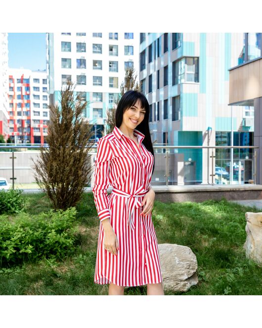 Платье-рубашка в красную полоску с поясом прямой силуэт - 7597 от DoubleCuff 