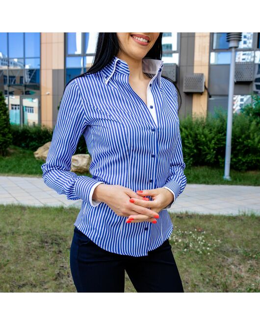 Женская рубашка в синюю полоску с двойным воротником под пуговицы - 7605 от DoubleCuff 