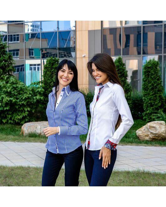 Женская рубашка в синюю полоску с двойным воротником под пуговицы - 7605 от DoubleCuff 