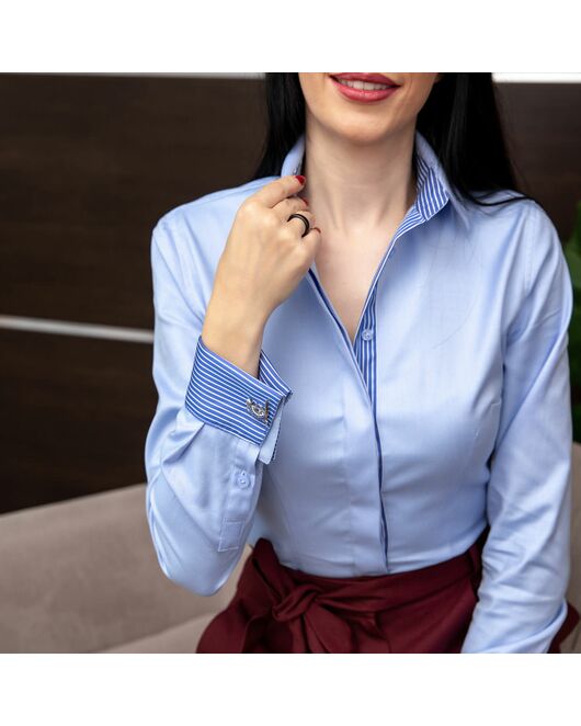 Женская рубашка  голубая под запонку с супатной застежкой с отделкой-7650 от DoubleCuff 