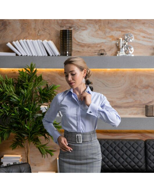 Женская рубашка под запонку голубая с обработкой Non-Iron- 7691 от DoubleCuff 