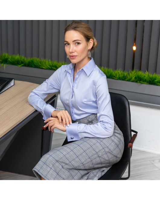 Женская рубашка под запонку голубая с обработкой Non-Iron- 7691 от DoubleCuff 