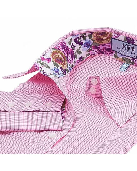 Приталенная женская рубашка под пуговицы розовая в мелкую клетку со вставками - 1359 от Hawes&Curtis 