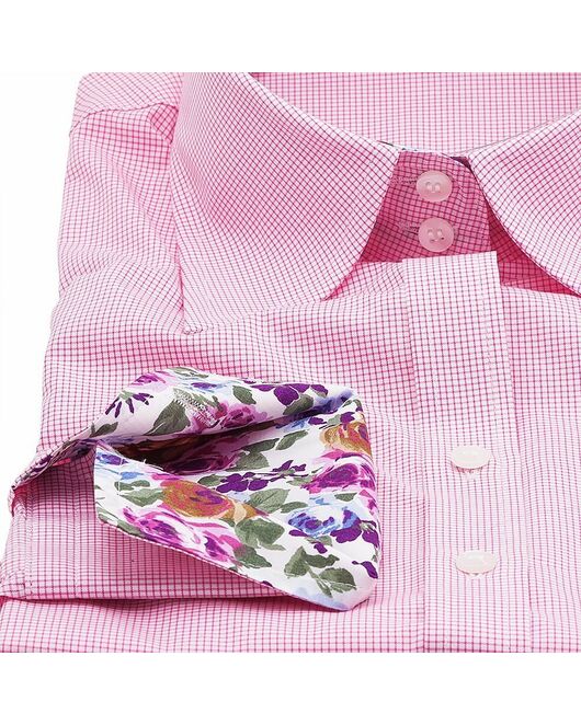 Приталенная женская рубашка под пуговицы розовая в мелкую клетку со вставками - 1359 от Hawes&Curtis 