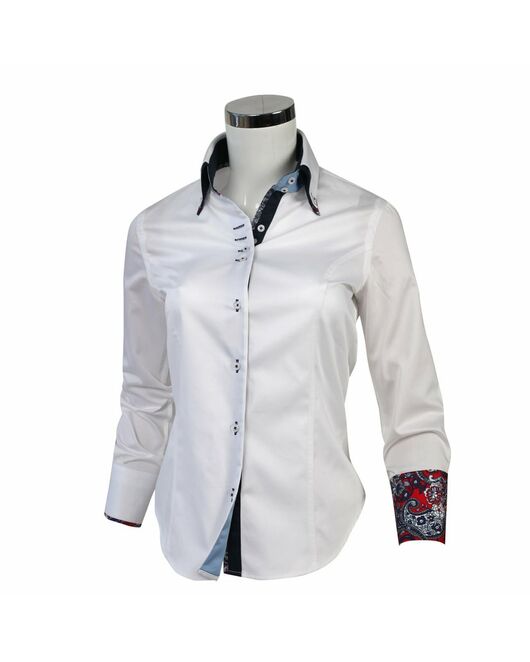 Приталенная женская рубашка на пуговицах белая с двойным воротом со вставками из узора пейсли - 1122 от Tonelli 