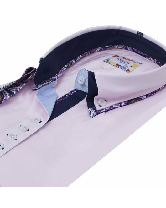 Приталенная женская рубашка на пуговицах с коротким рукавом розовая с двойным воротом - 2047 от Tonelli  Приталенная женская рубашка на пуговицах с коротким рукавом розовая с двойным воротом - 2047 от Tonelli