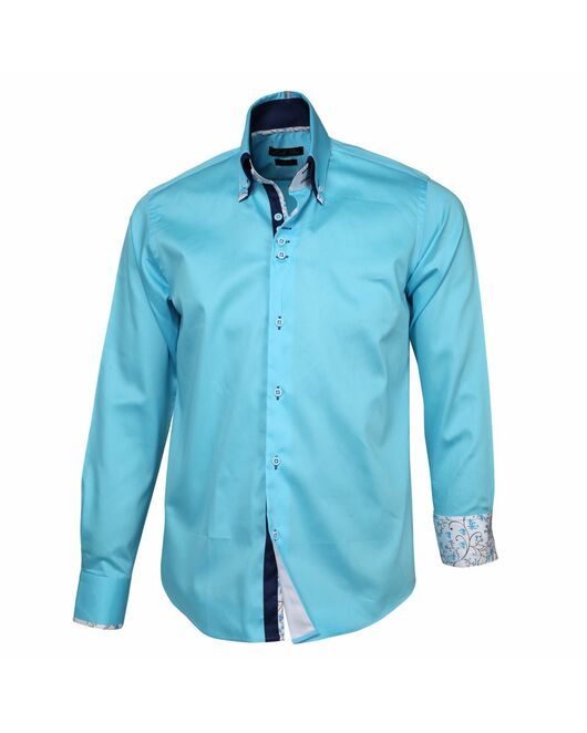 Мужская рубашка приталенная  цвета морской волны с двойным воротником с контрастными вставками - 2240 от Tonelli 