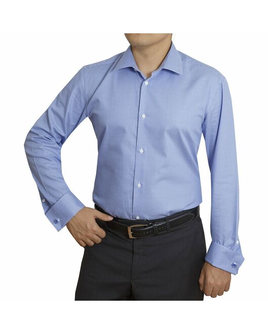 Мужская рубашка под запонки приталенная голубая в клетку - 4030 от DoubleCuff 
