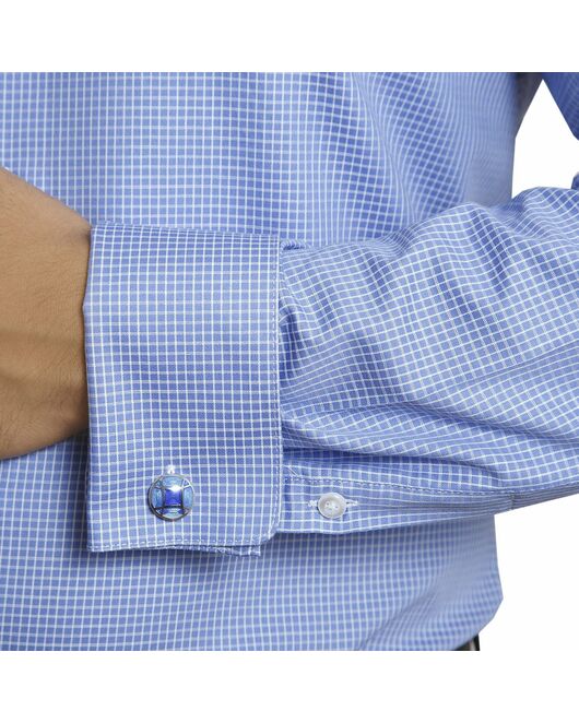 Мужская рубашка под запонки приталенная голубая в клетку - 4030 от DoubleCuff 