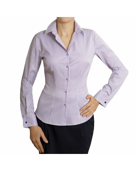 Приталенная женская рубашка под запонки фиолетовая в клетку - 5006 от DoubleCuff 