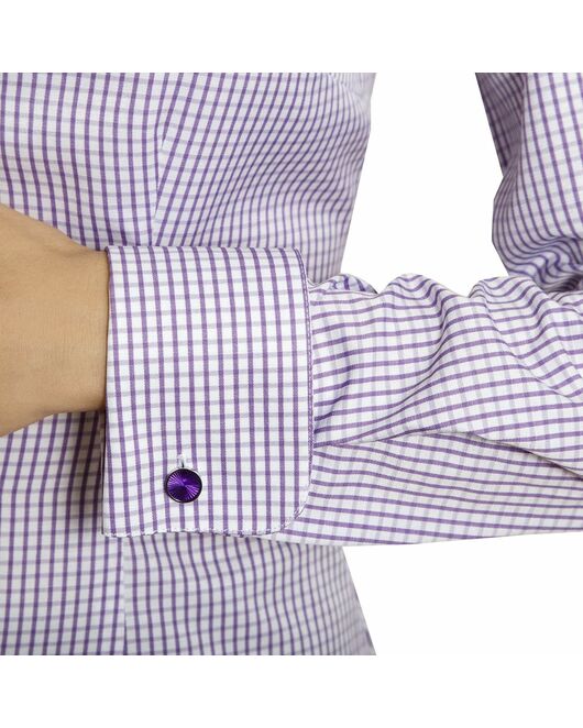 Приталенная женская рубашка под запонки фиолетовая в клетку - 5006 от DoubleCuff 