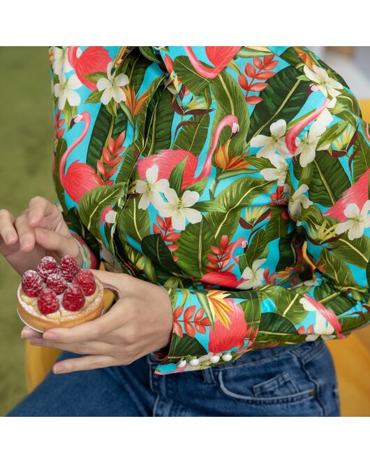 Женская рубашка с высоким манжетом под пуговицы тропические цветы - 7888 от byME 
