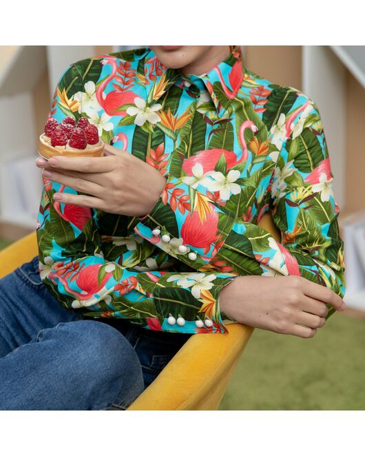 Женская рубашка с высоким манжетом под пуговицы тропические цветы - 7888 от byME 