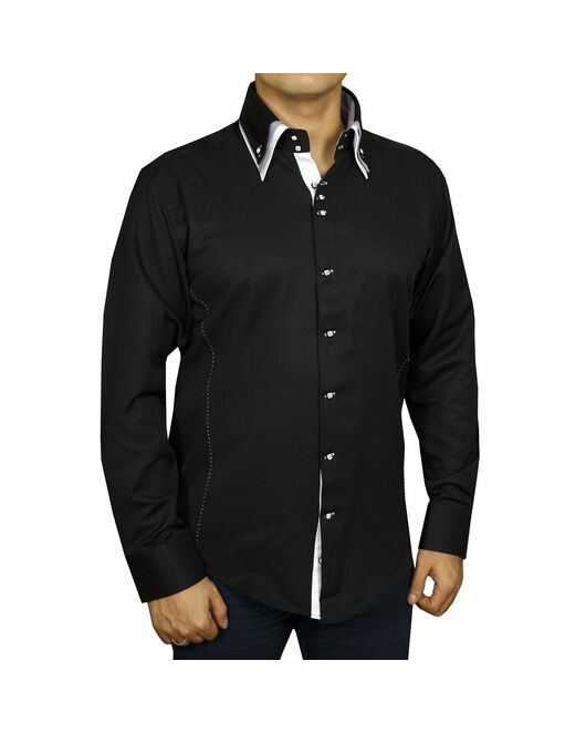 Мужская рубашка приталенная под пуговицы черная с тройным воротом - 4040 от Cotton Club 