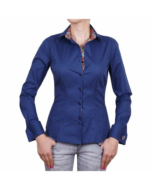 Приталенная женская рубашка под запонку синяя - 5036 от DoubleCuff 