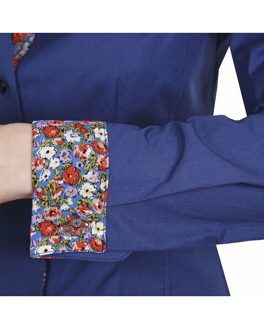 Приталенная женская рубашка под запонку синяя - 5036 от DoubleCuff 