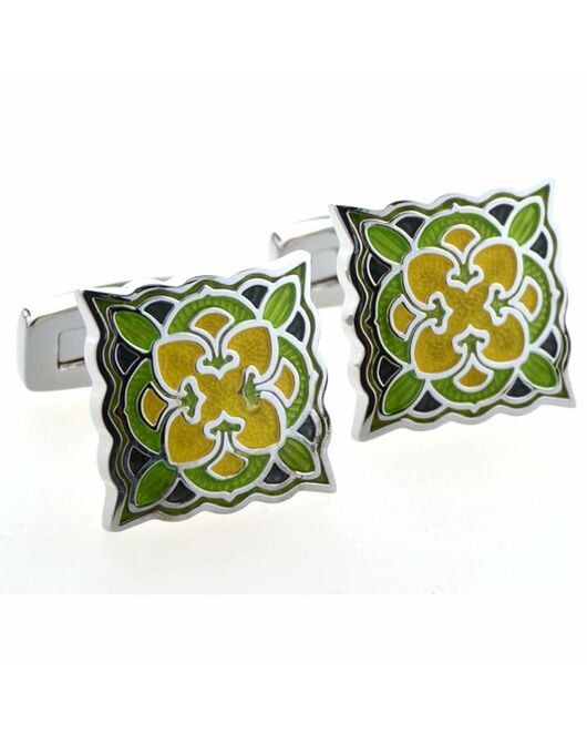 Запонки квадратные зелено - желтые с восточным узором  - 153032 от  