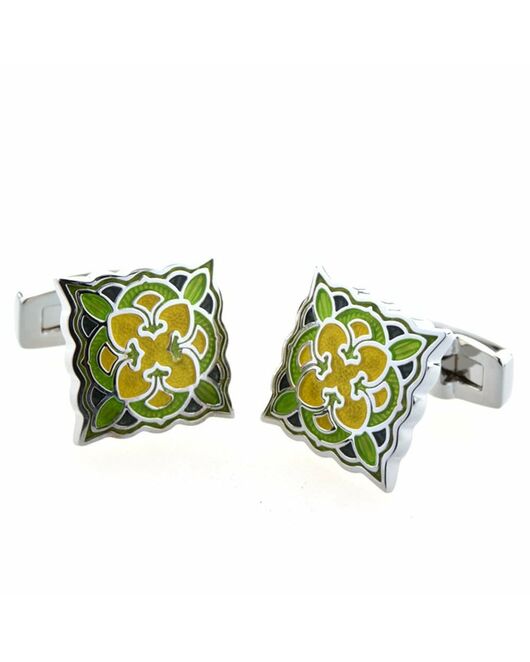 Запонки квадратные зелено - желтые с восточным узором  - 153032 от  