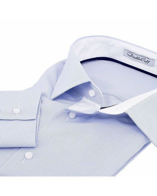 Мужская рубашка приталенная под пуговицы голубая в мелкую клетку - 50252 от DoubleCuff 