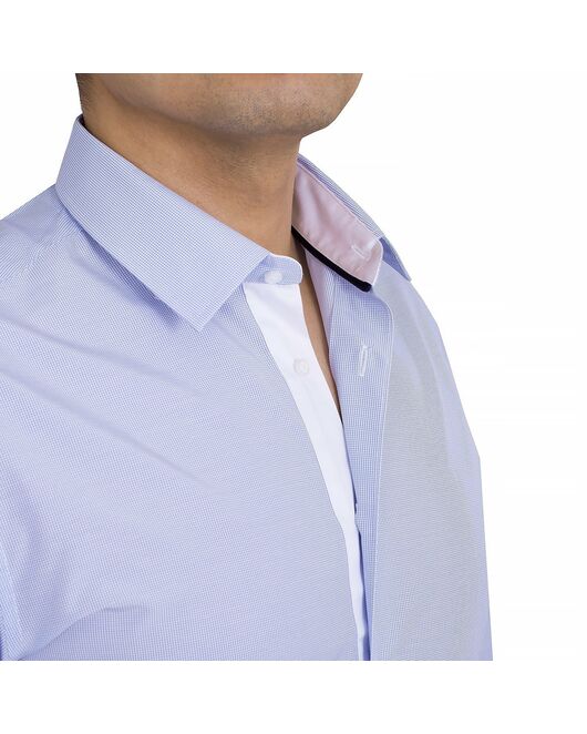 Мужская рубашка приталенная под пуговицы голубая в мелкую клетку - 50252 от DoubleCuff 